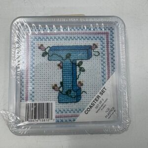 Vintage Alphabet Letter T Needlepoint Coaster Set of 2 New in Package‎ Initial